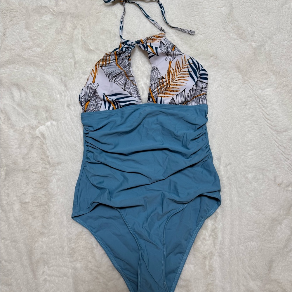 Blue Halter One-Piece Swimsuit with Leaf Print